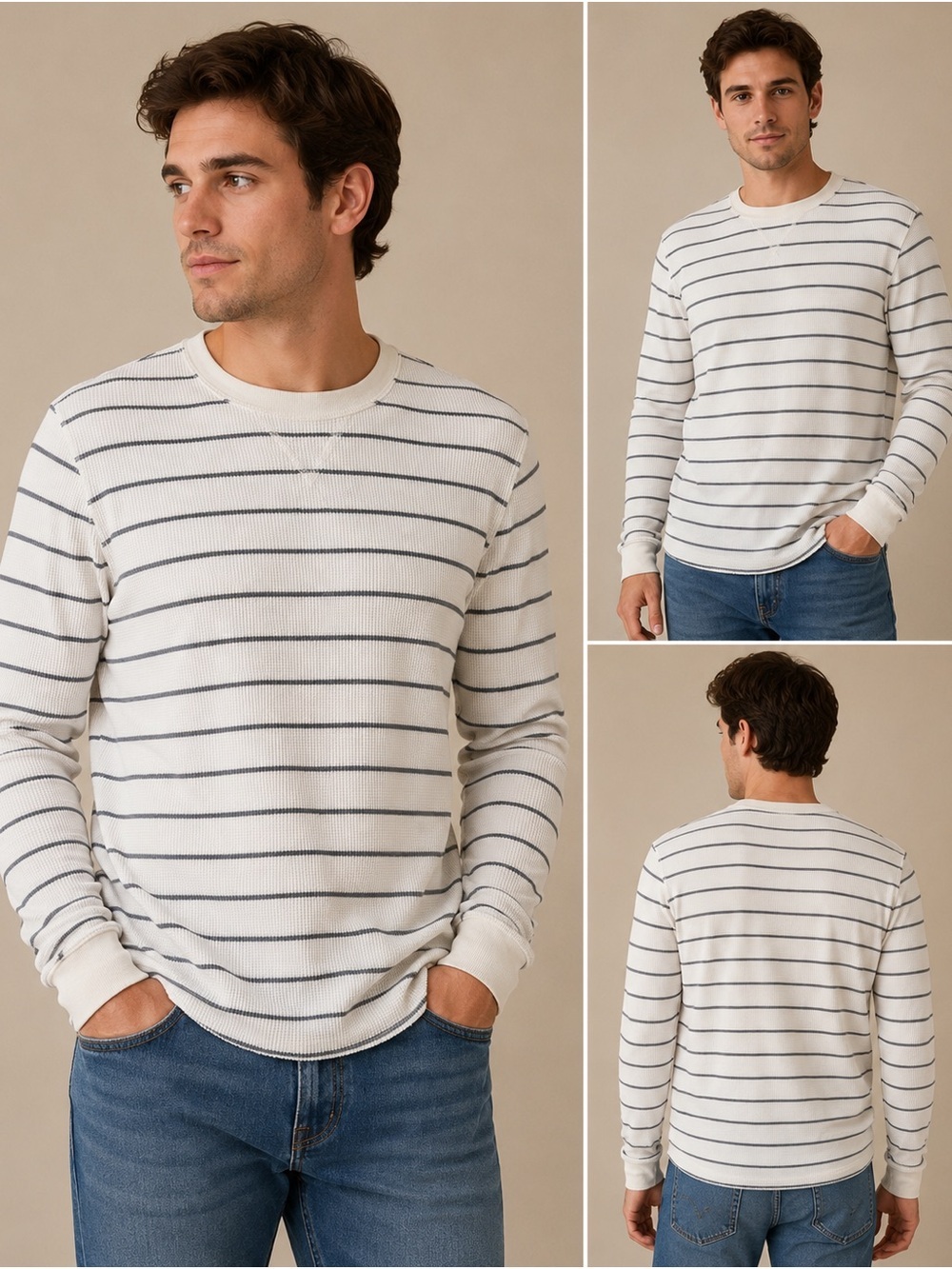 Gap White Gray Striped Thermal Waffle Knit Long Sleeve Men's M